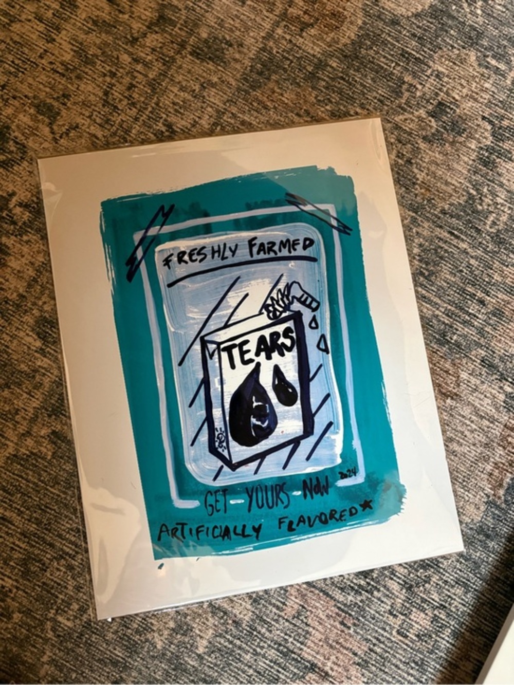 3/$25 Art Print - 'Tears' Carton Illustration in Teal & White
